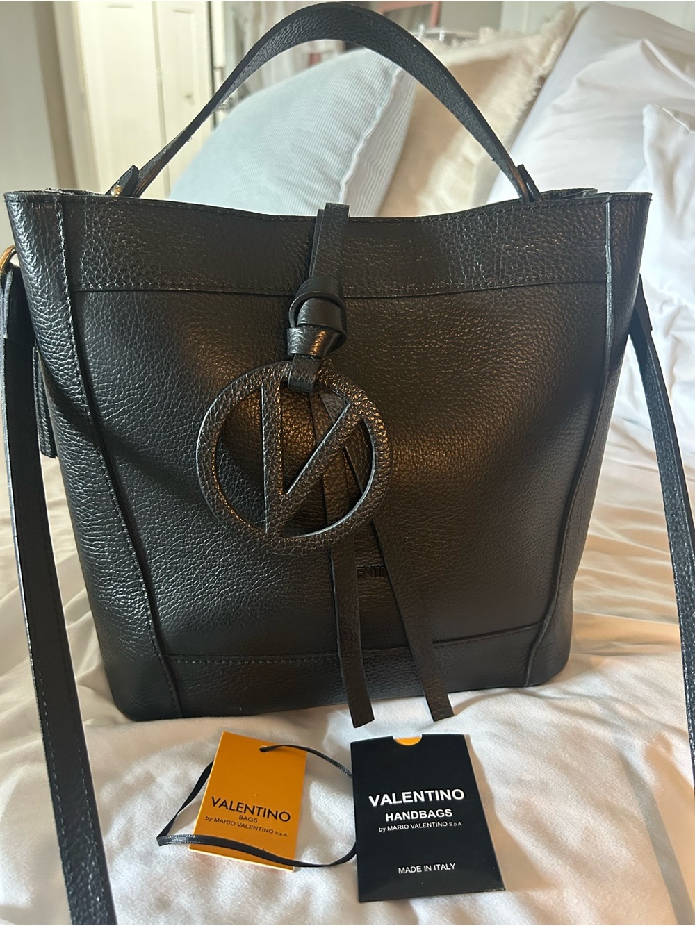 Valentino Black Pebbled Leather Tote with Signature Round Logo Charm